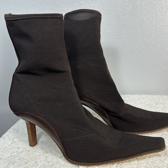 Sergio Rossi Brown Leather Nylon/ Spandex Pull On Boots - Picture 2 of 11
